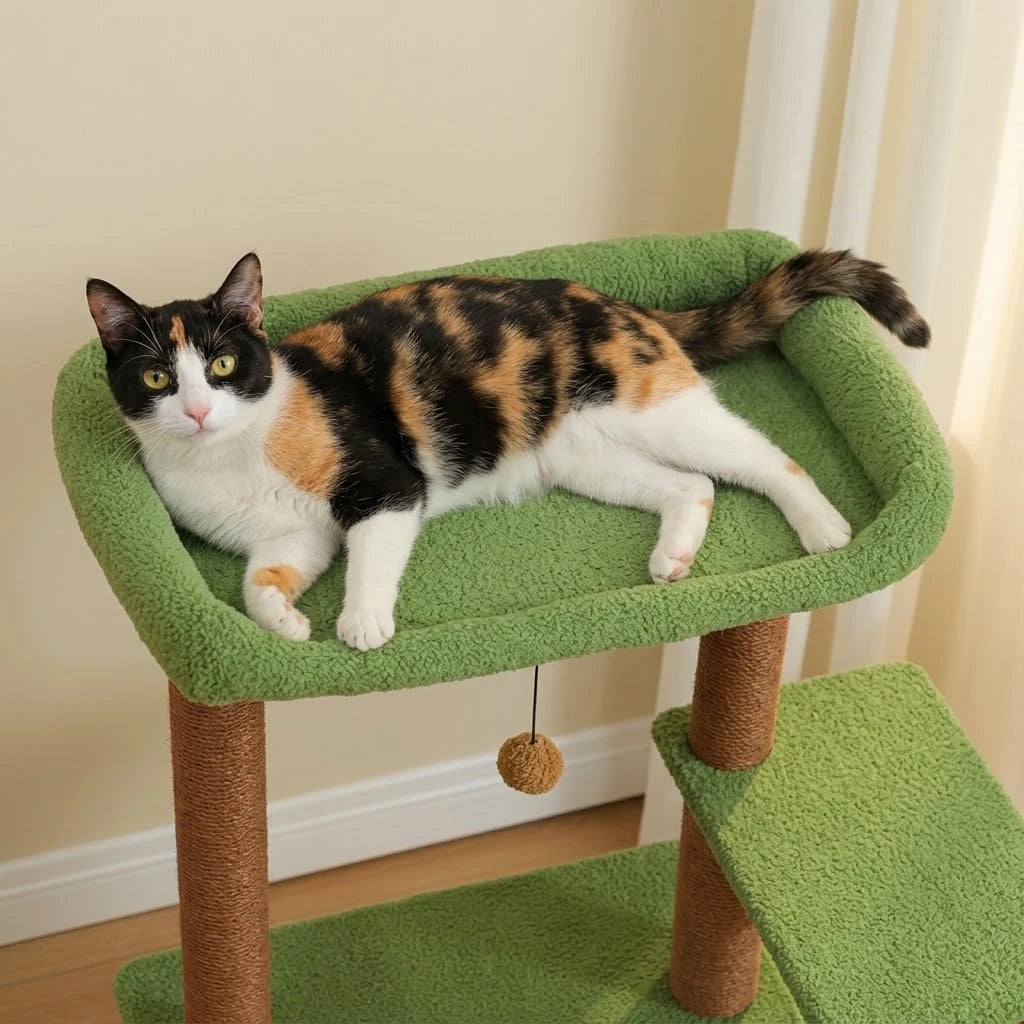 Chat allongé sur le perchoir de l'arbre à Chat Escalier