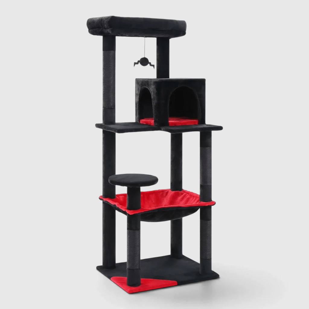 Arbre à Chat Halloween noir et rouge avec panier hamac XXL