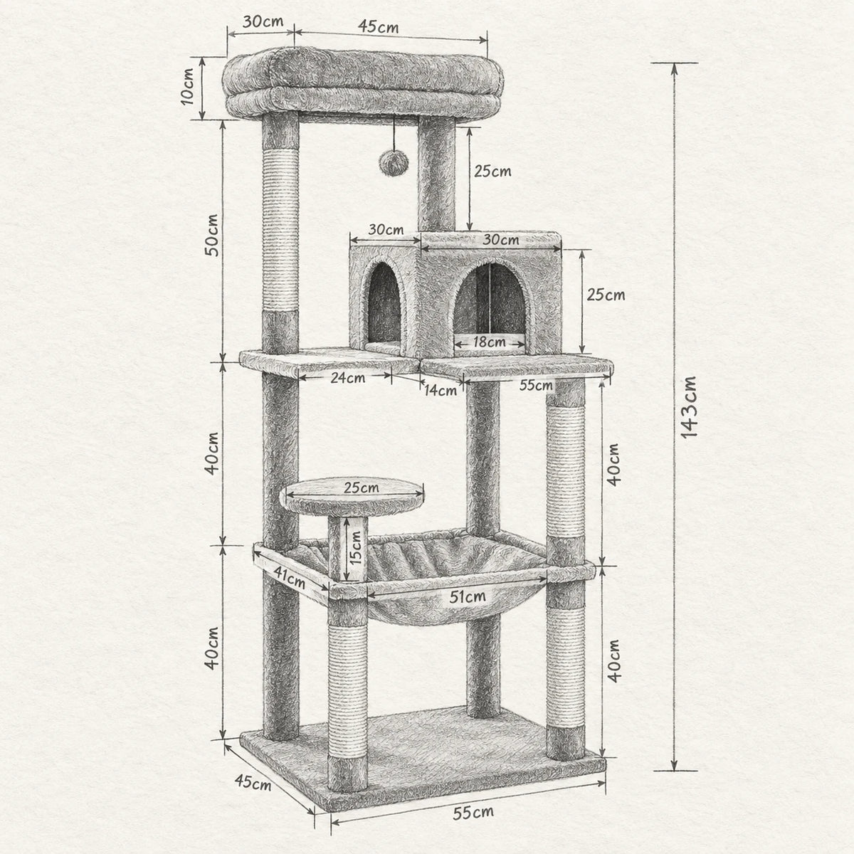 Schéma coté de l'arbre à Chat Solide avec toutes les dimensions
