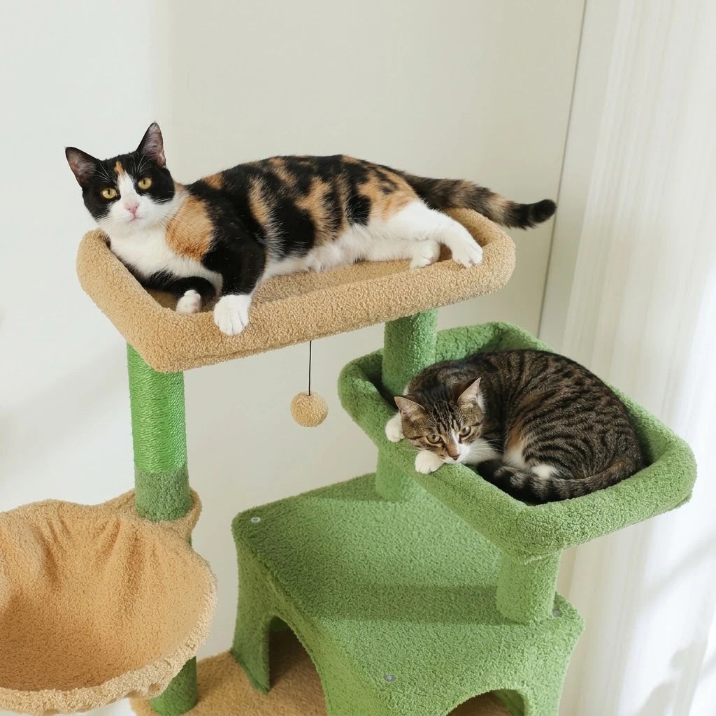 Chat allongé sur le perchoir de l'arbre à Chat 2 Chats