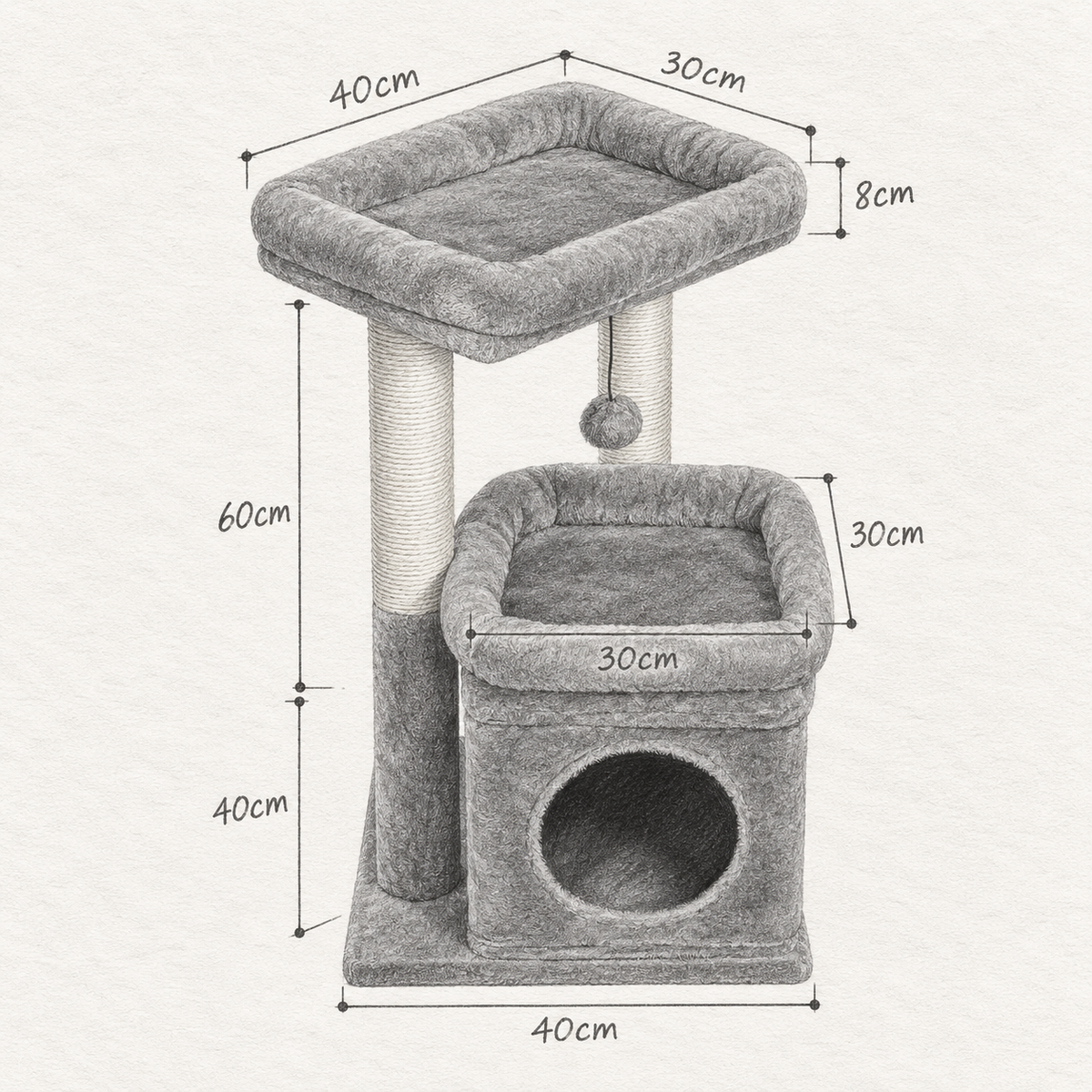 Schéma coté de l'arbre à chat compact 60 cm, base de 40 x 40 cm