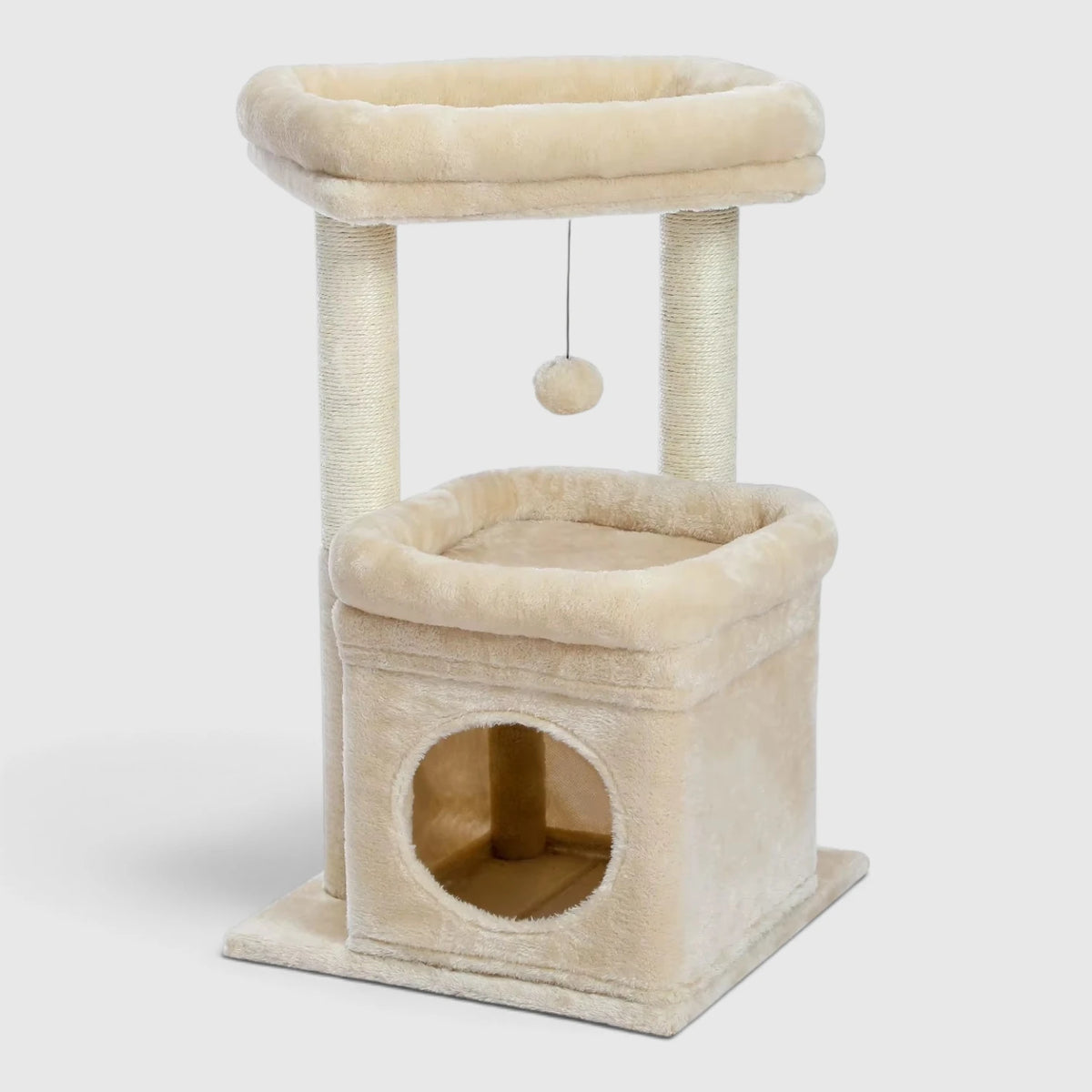 Arbre à chat compact beige avec niche, perchoir à rebords et poteaux en sisal
