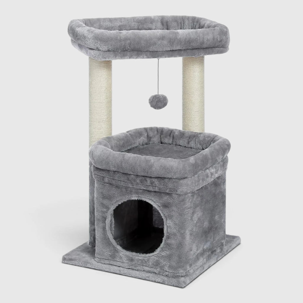 Arbre à chat compact gris clair de 60 cm avec niche et pompon suspendu