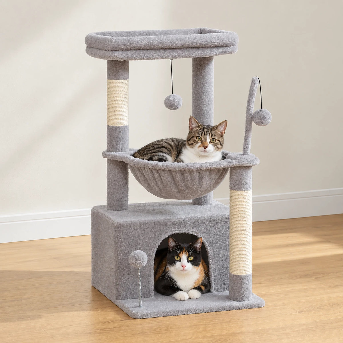 Chat installé dans le panier de l'arbre à Chat 4 en 1