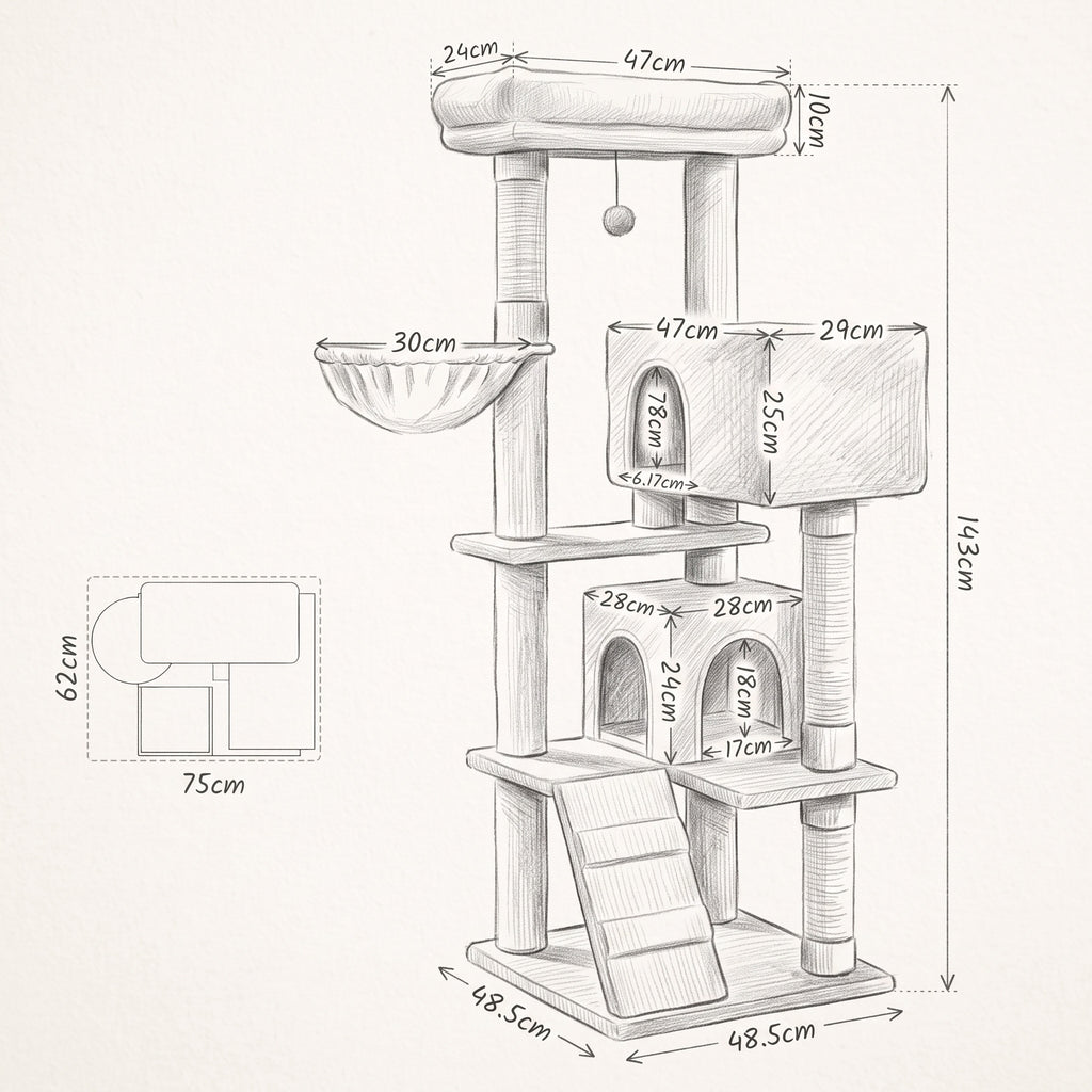 Schéma coté de l'arbre à Chat Classique avec toutes les dimensions