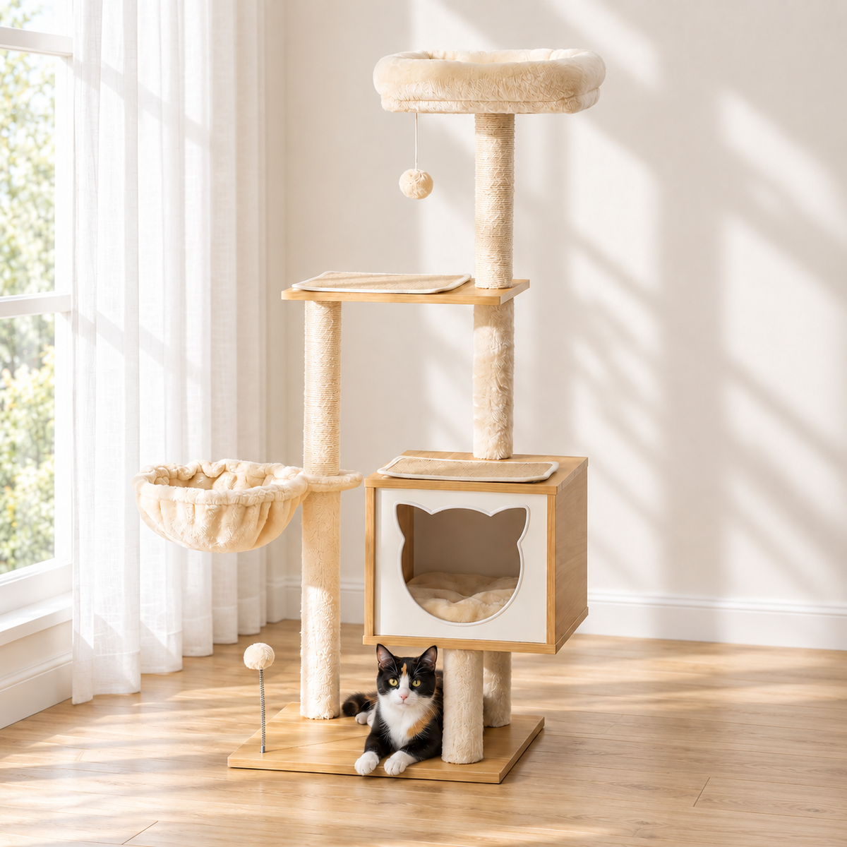 Arbre à Chat Bois Naturel installé dans un salon lumineux