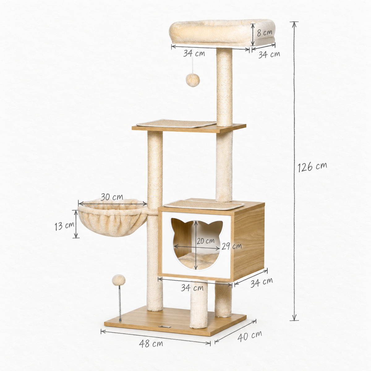 Schéma coté de l'arbre à Chat Bois Naturel avec toutes les dimensions