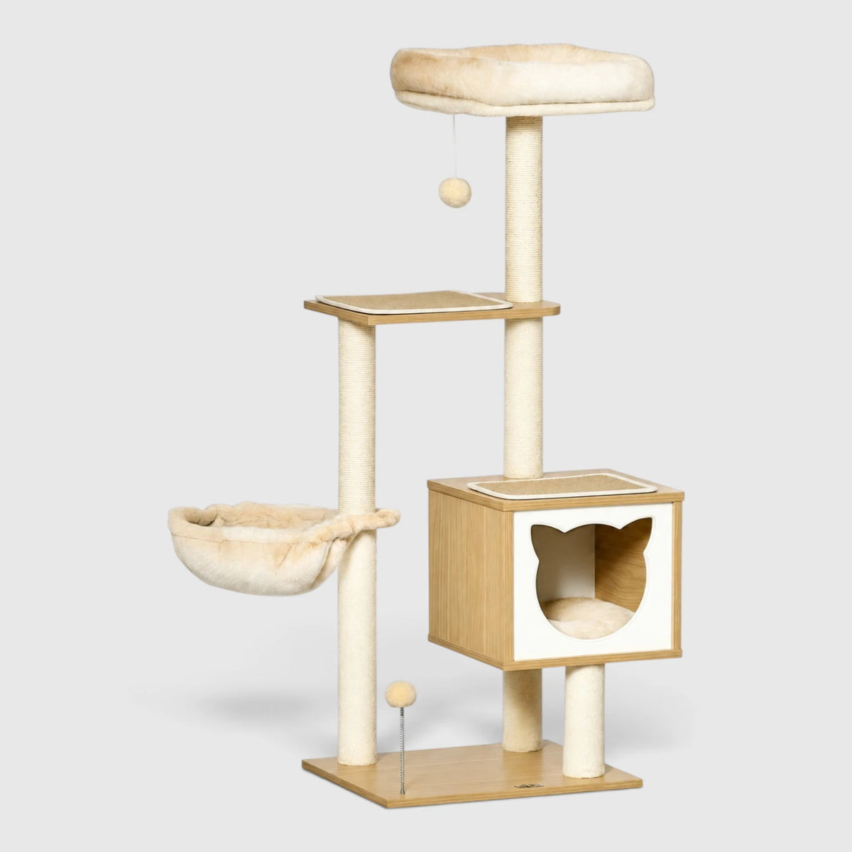 Arbre à Chat Bois Naturel en bois avec niche, hamac et panier supérieur