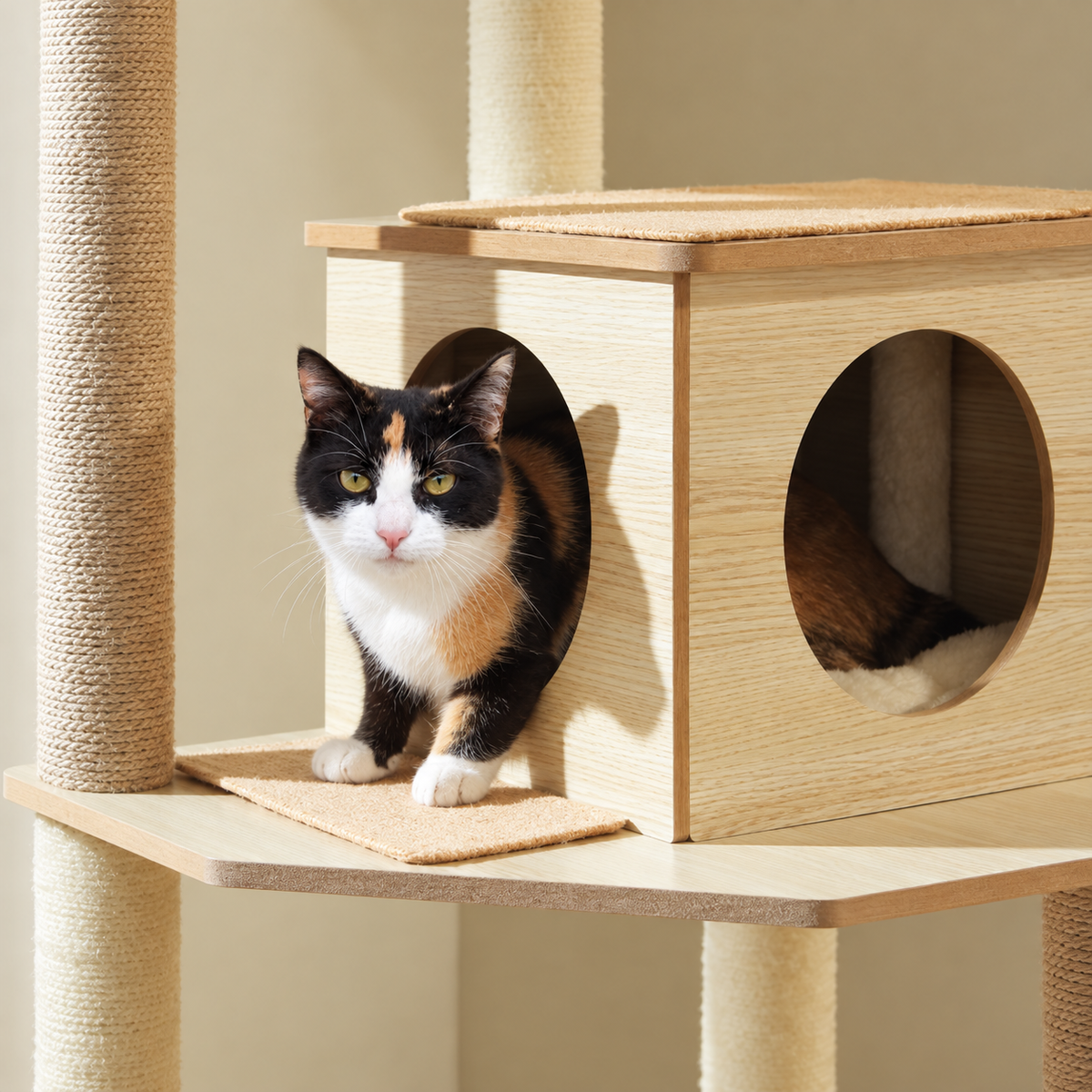 Chat installé dans la niche de l'arbre à Chat en Bois Design