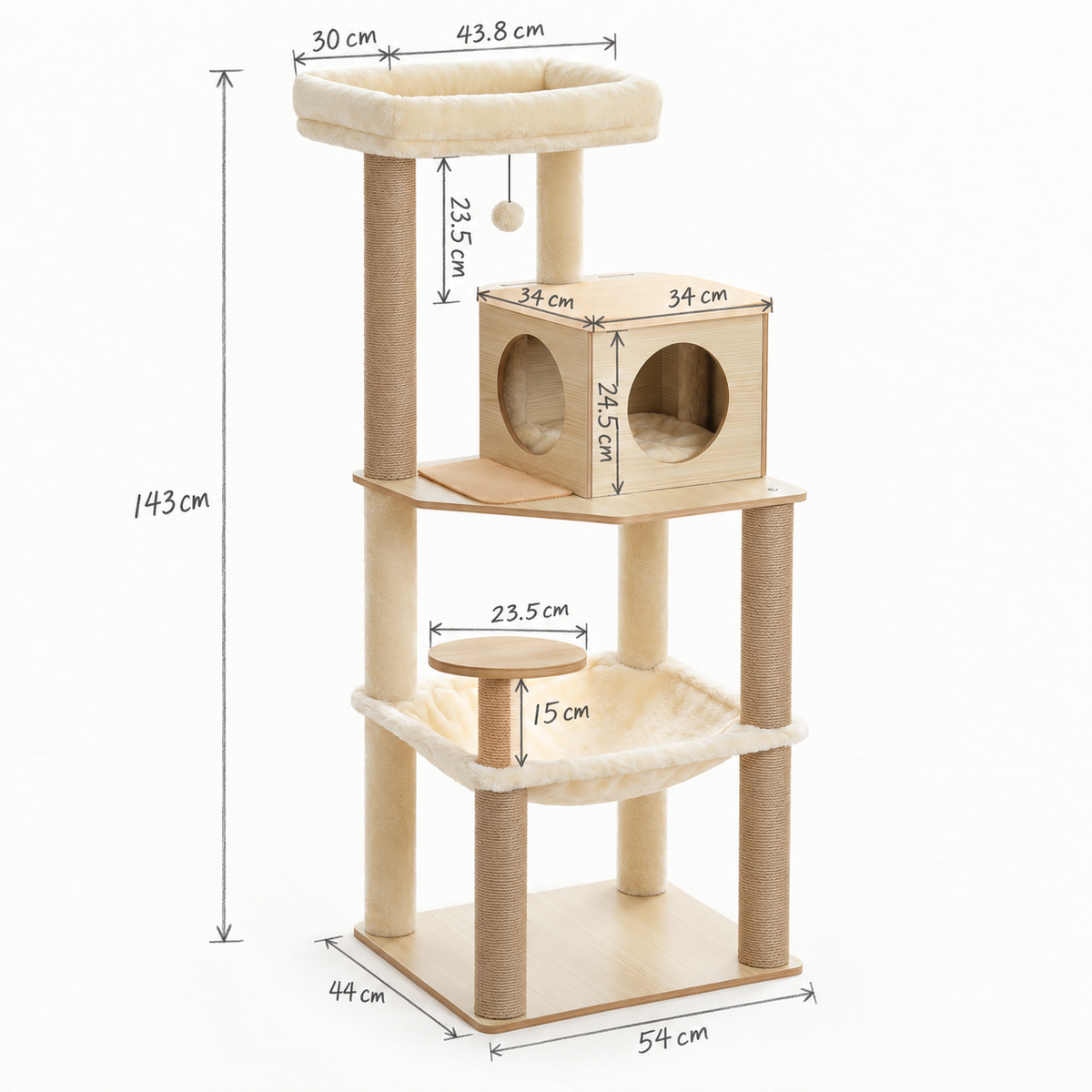 Schéma coté de l'arbre à Chat en Bois Design avec toutes les dimensions