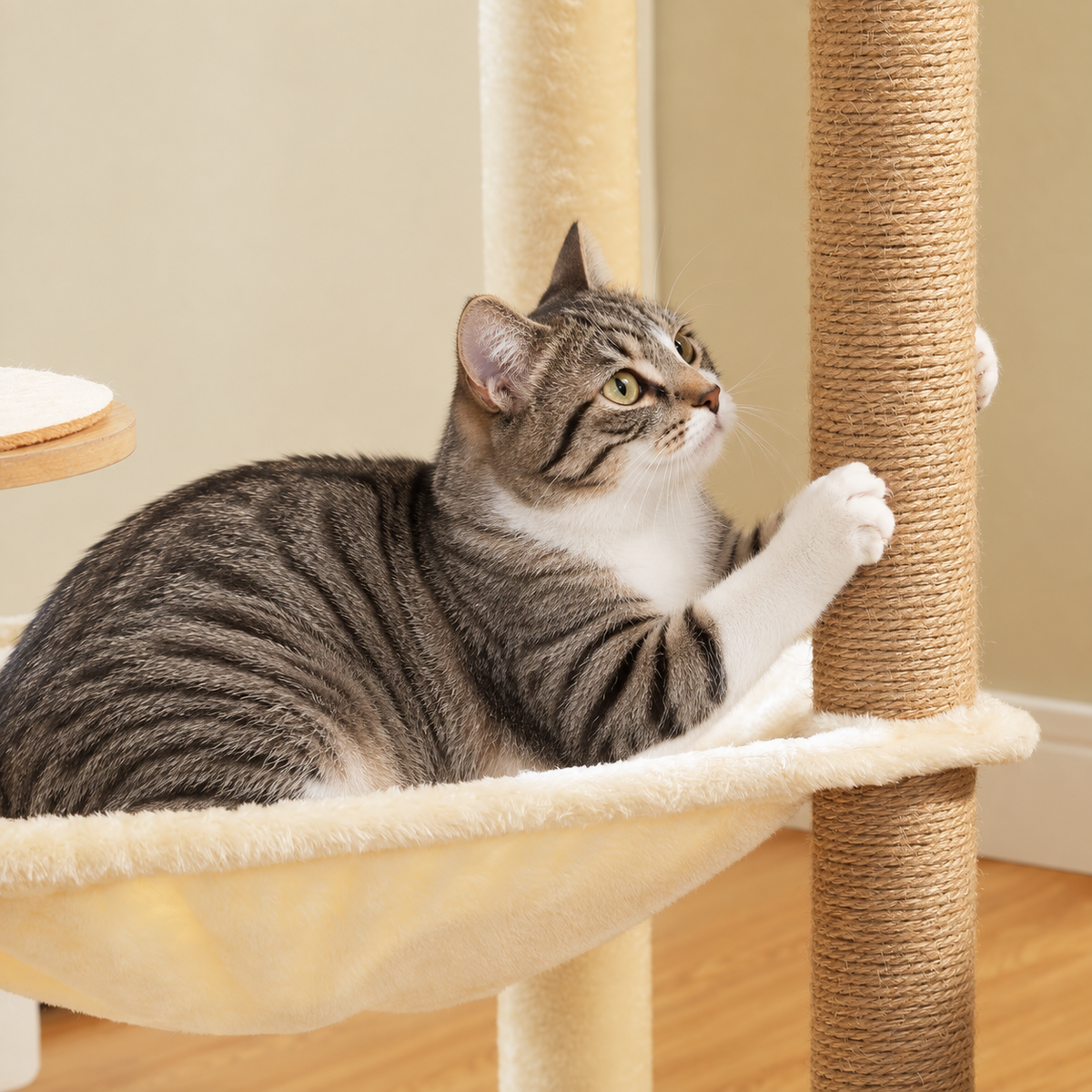 Chat allongé sur le perchoir de l'arbre à Chat en Bois Design
