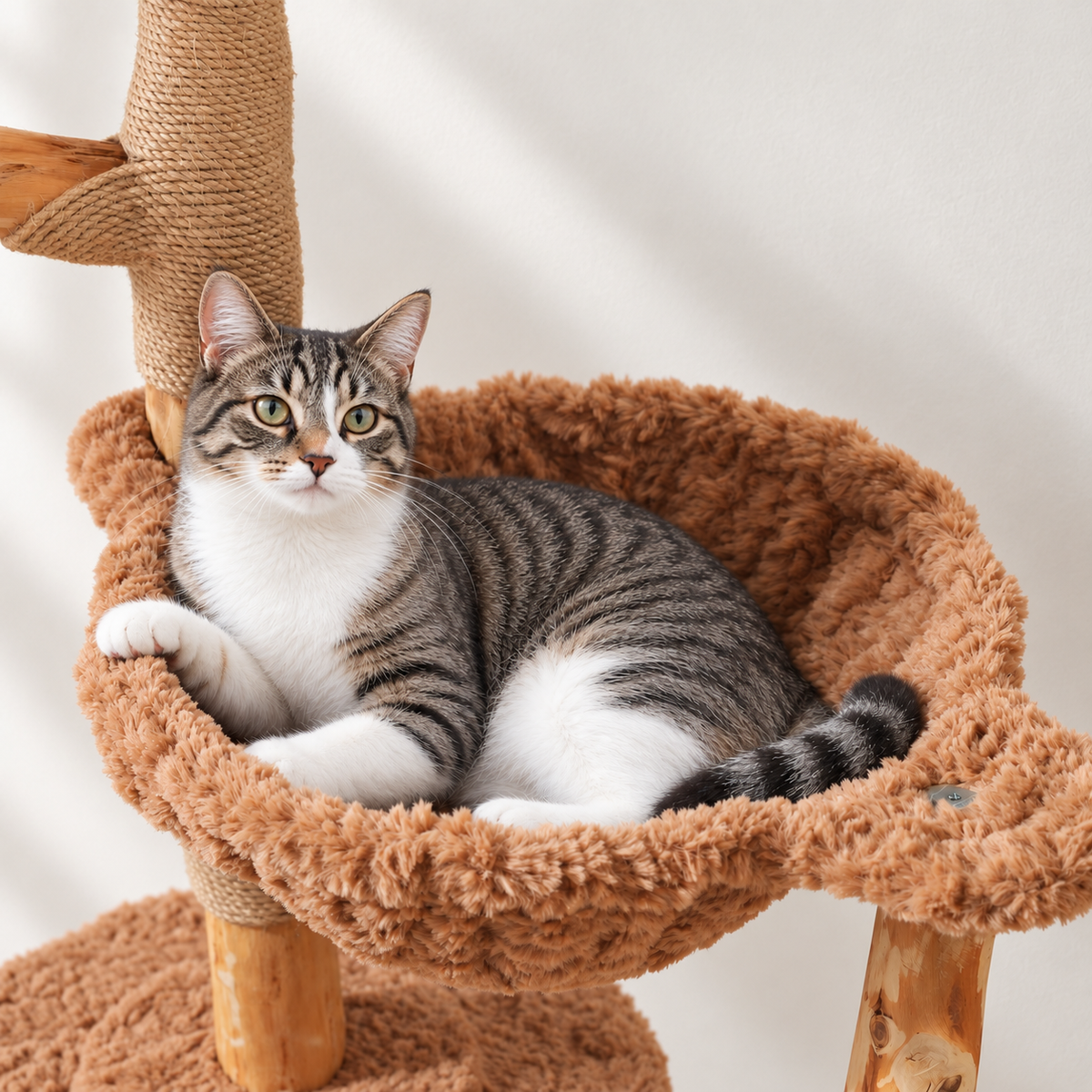 Chat allongé sur le perchoir de l'arbre à Chat Fleur