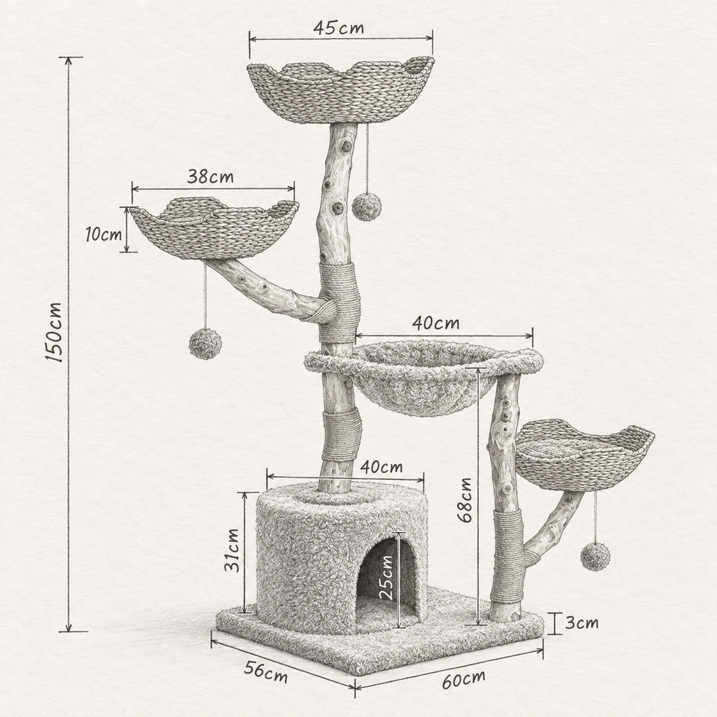 Schéma coté de l'arbre à Chat Fleur avec toutes les dimensions