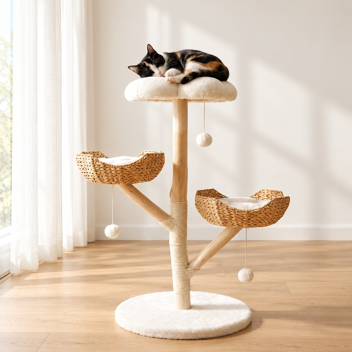 Arbre à Chat en Bois 111 cm installé dans un salon lumineux