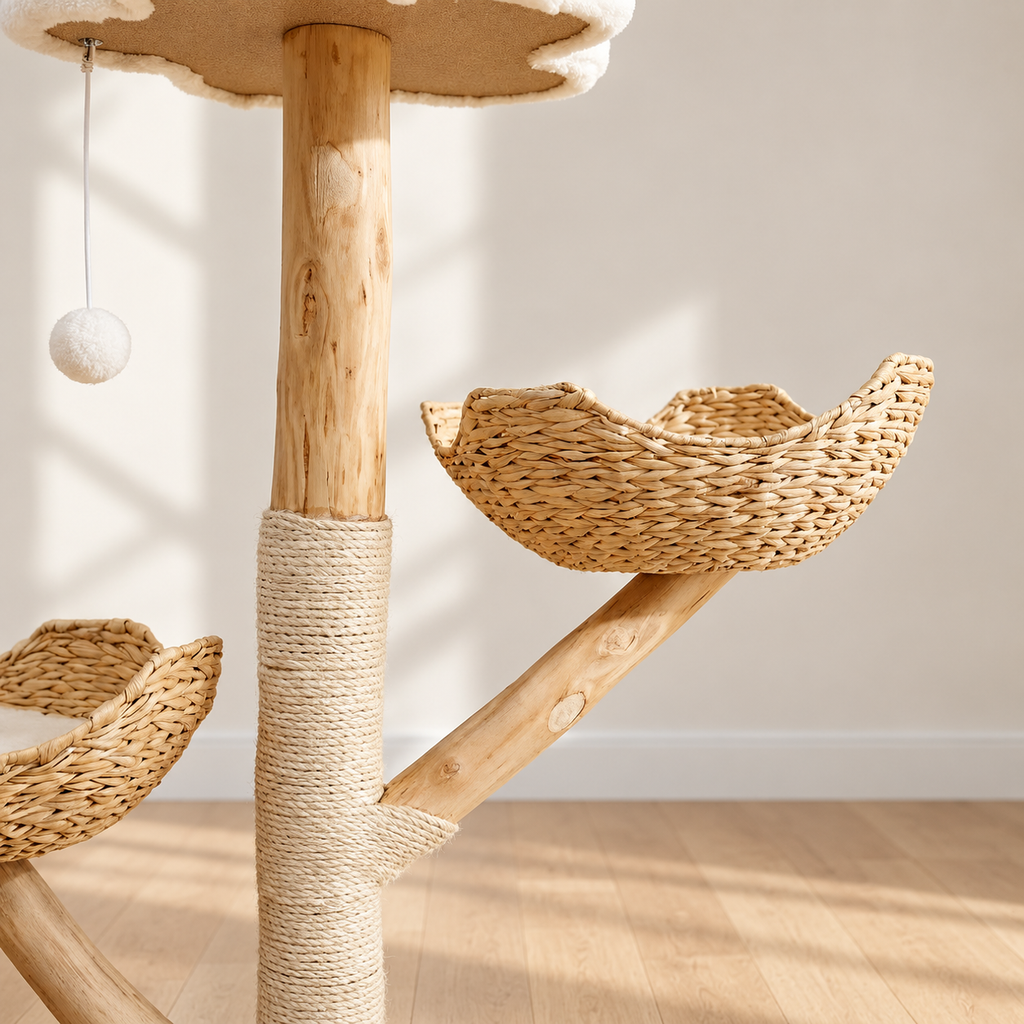 Chat installé dans le panier de l'arbre à Chat en Bois 111 cm