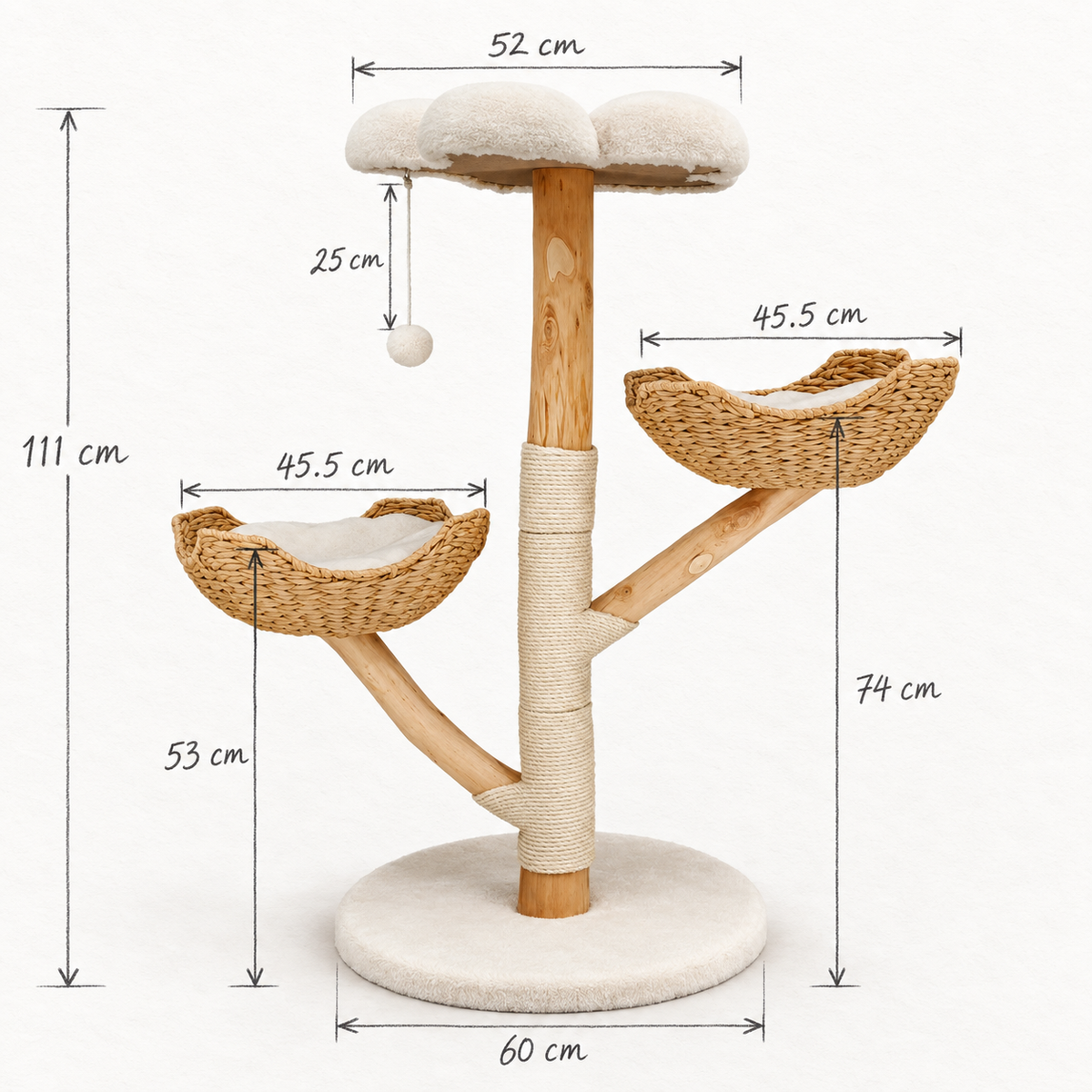 Schéma coté de l'arbre à Chat en Bois 111 cm avec toutes les dimensions