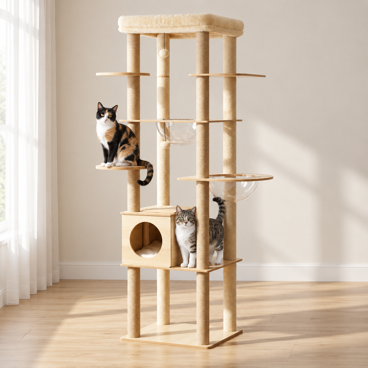 Grand Arbre à Chat en Bois installé dans un salon lumineux