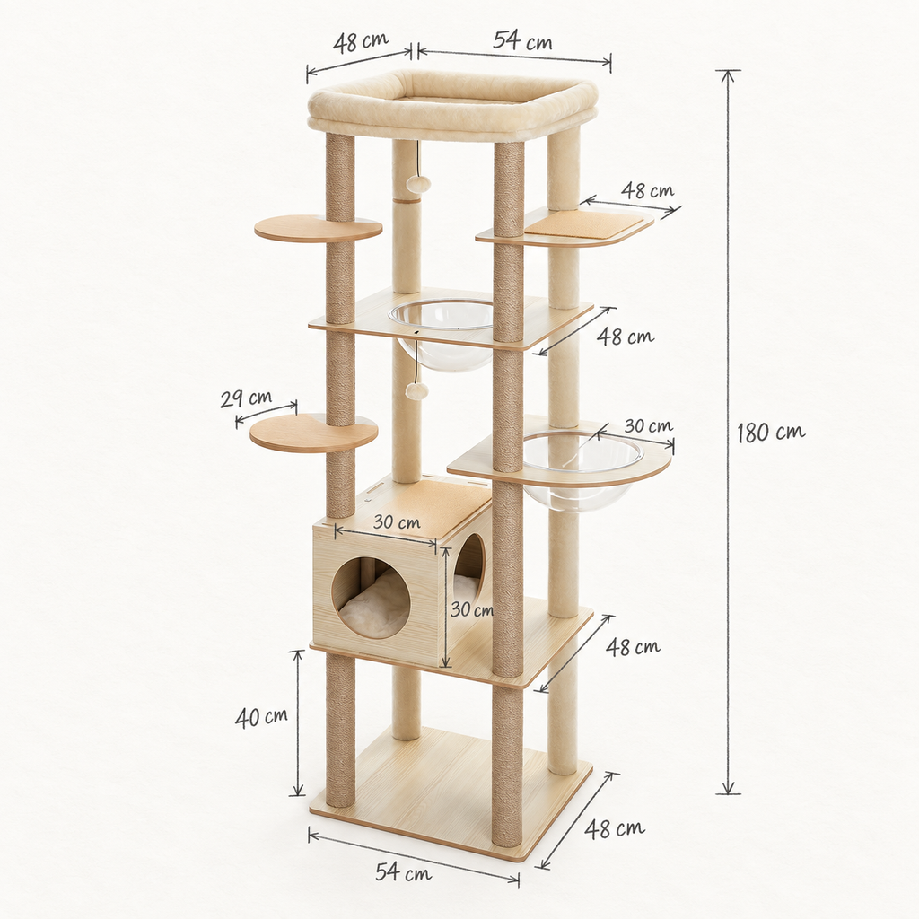 Schéma coté de le grand Arbre à Chat en Bois avec toutes les dimensions