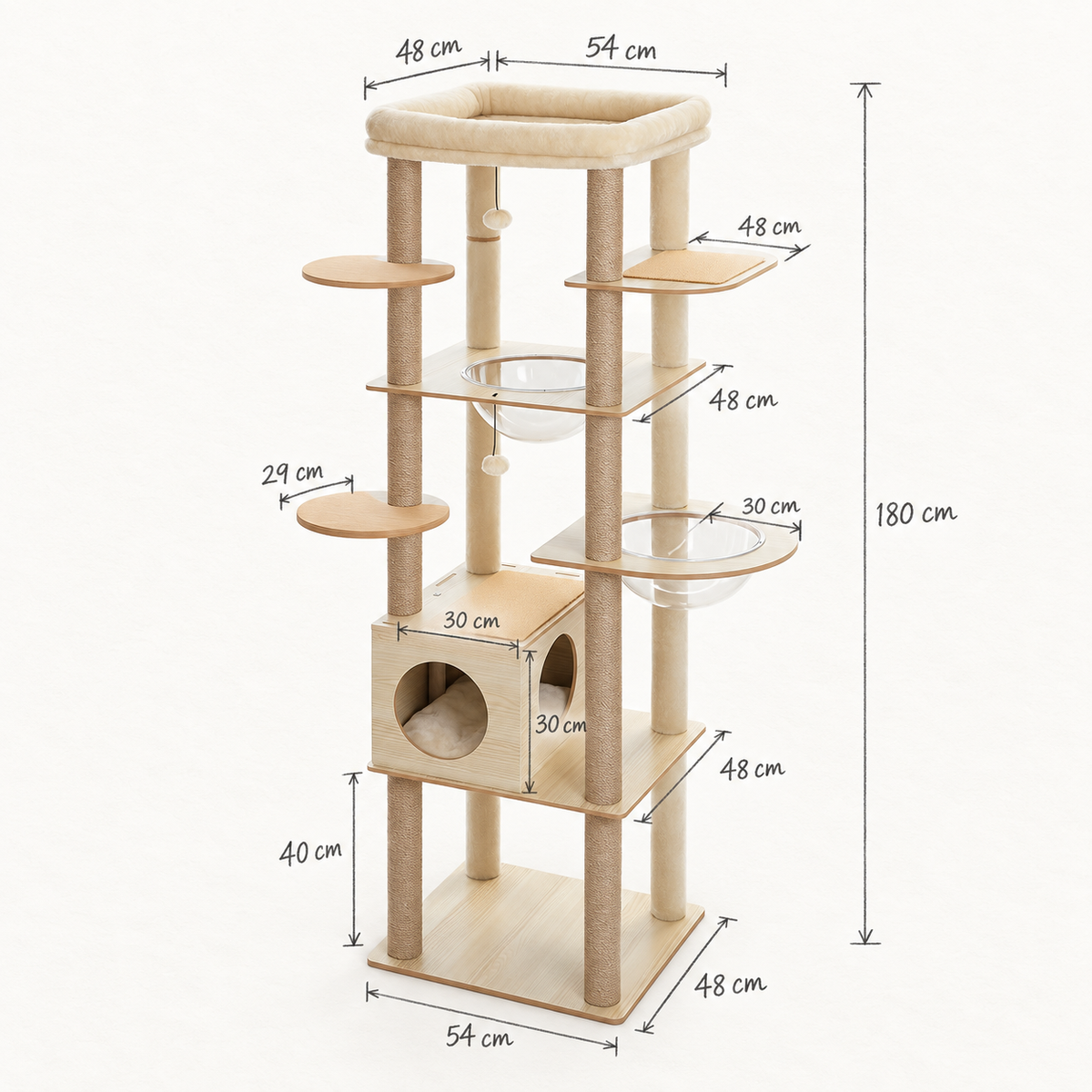Schéma coté de le grand Arbre à Chat en Bois avec toutes les dimensions
