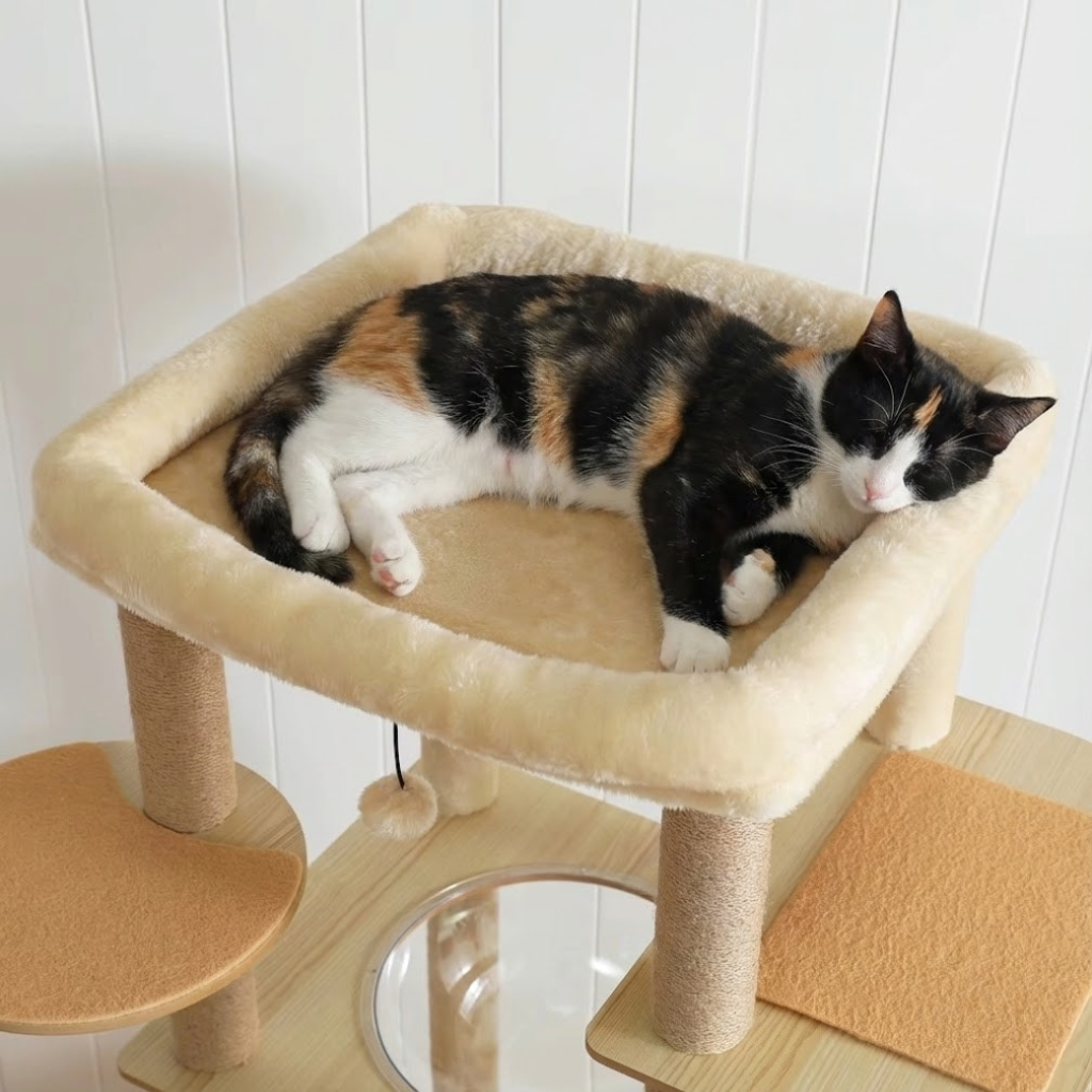 Chat allongé sur le perchoir de le grand Arbre à Chat en Bois