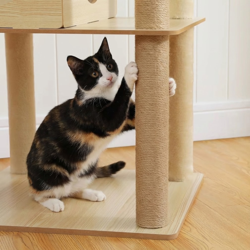 Chats jouant sur le grand Arbre à Chat en Bois