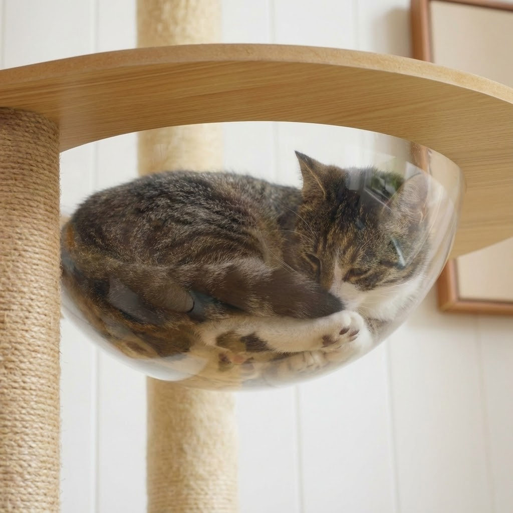 Chat couché dans le hamac de le grand Arbre à Chat en Bois