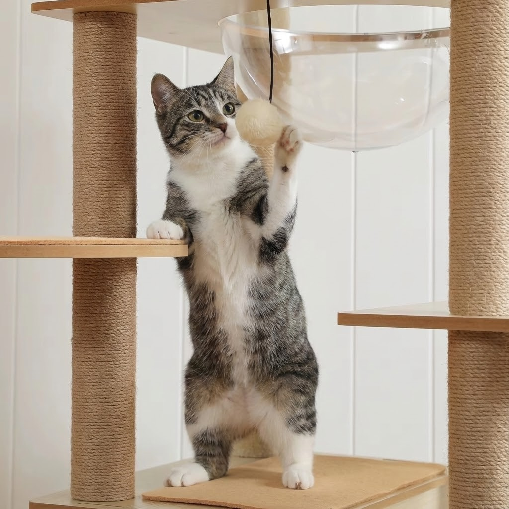 Chat faisant ses griffes sur le grand Arbre à Chat en Bois