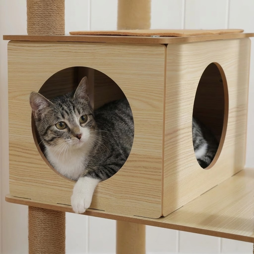 Chat installé dans la niche de le grand Arbre à Chat en Bois