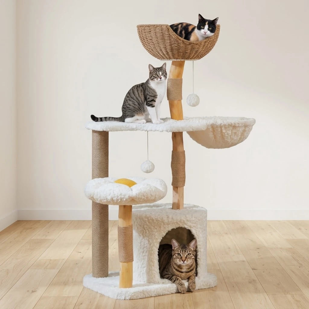 Chat installé dans le panier de l'arbre à Chat Design Scandinave