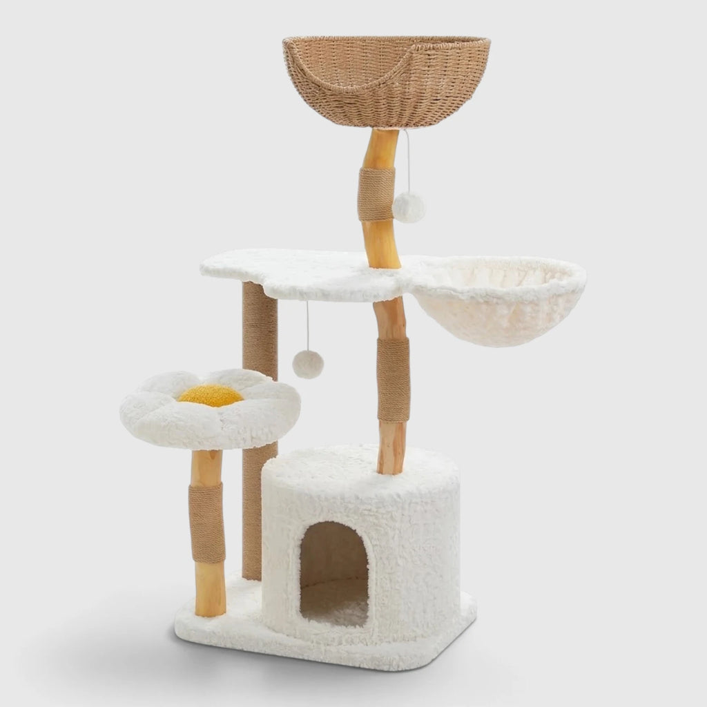 Arbre à Chat Design Scandinave scandinave en bois massif avec panier en rotin