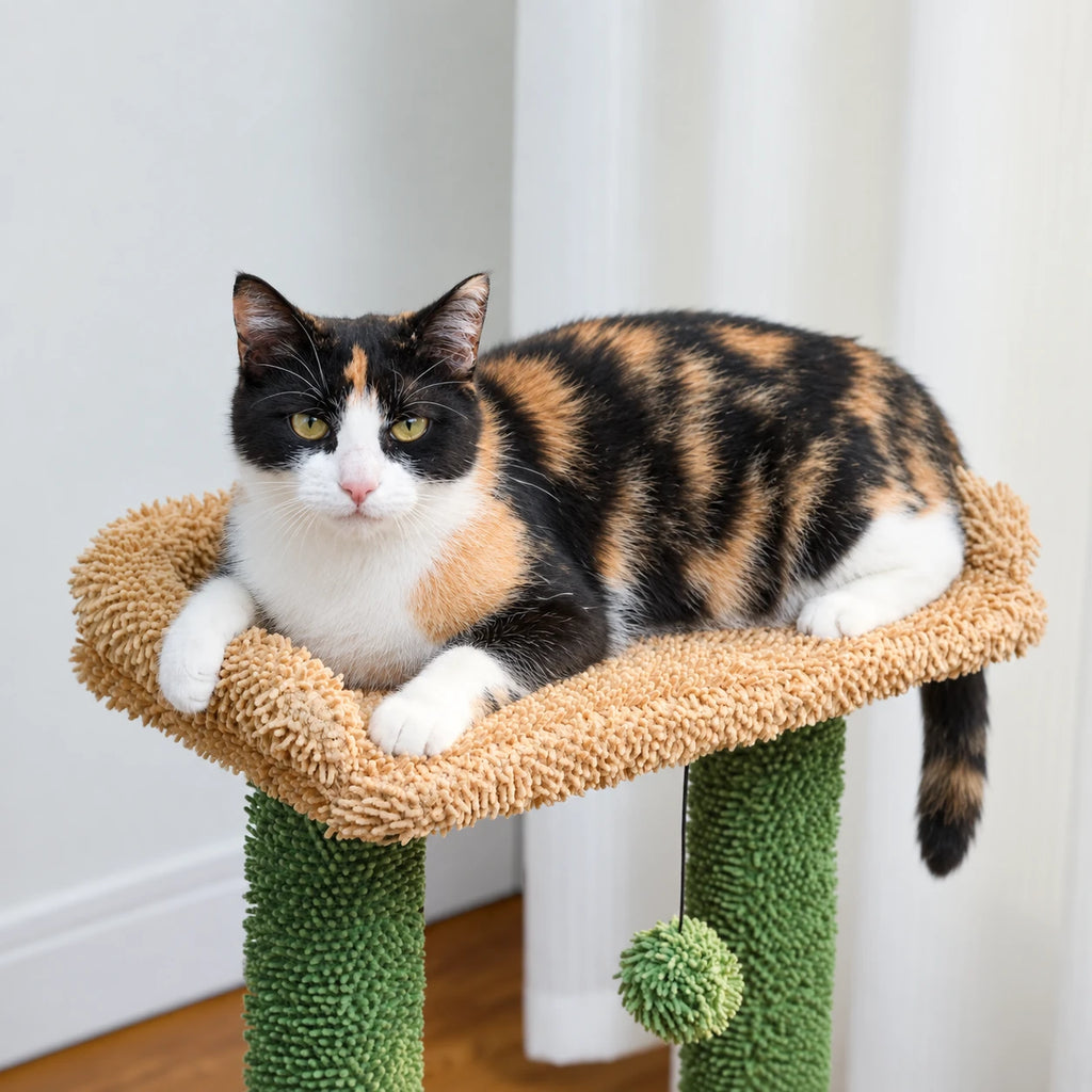 Chat allongé sur le perchoir de l'arbre à Chat Vert