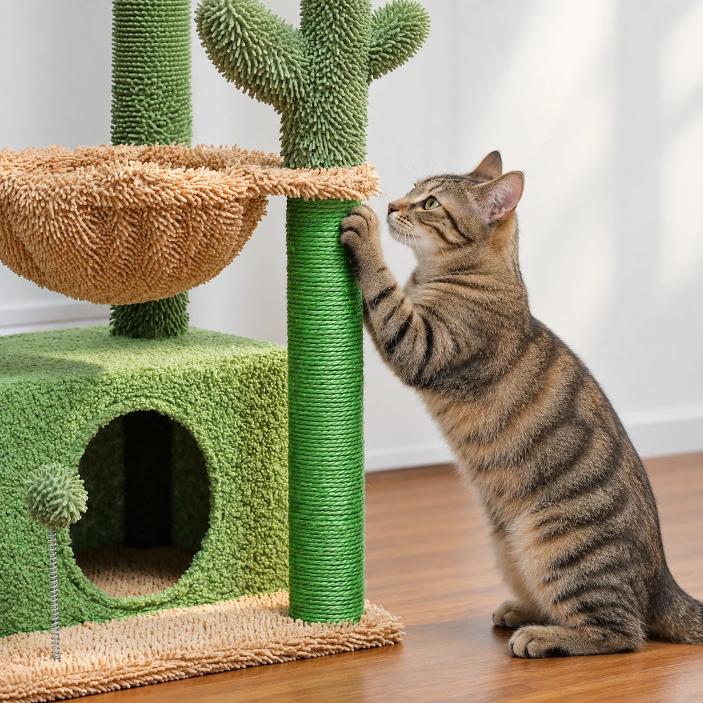 Chat grattant le poteau en sisal de l'arbre à Chat Vert