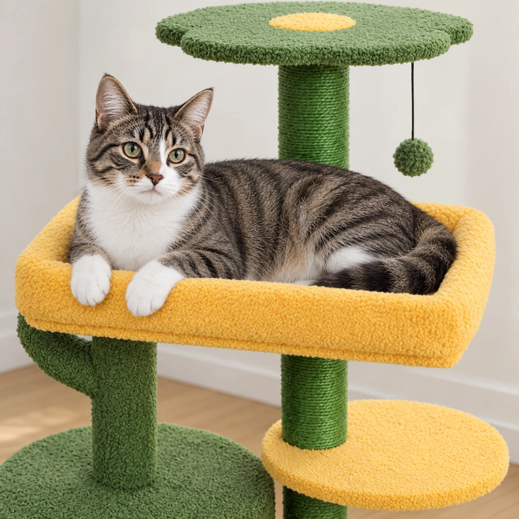 Chat allongé sur le perchoir de l'arbre à Chat Cactus Design