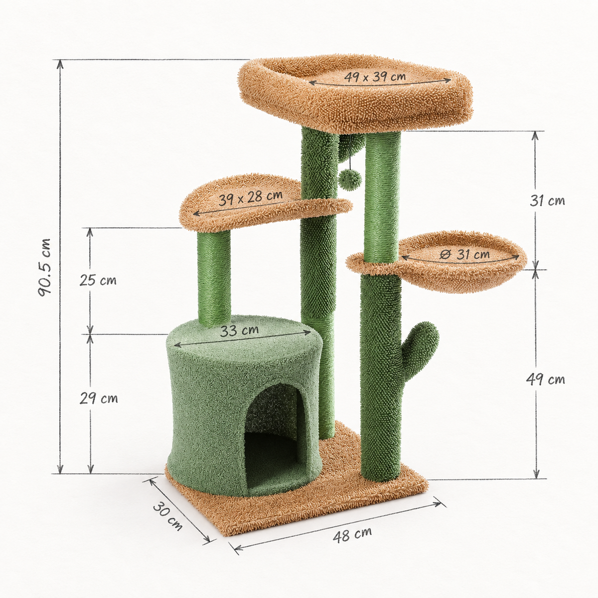 Schéma coté de l'arbre à Chat Cactus avec toutes les dimensions