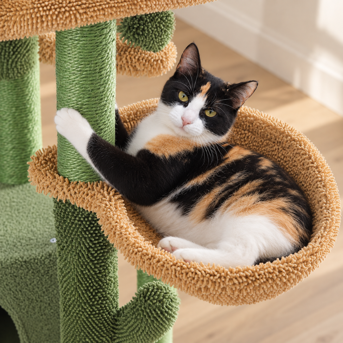 Chat installé dans le panier de l'arbre à Chat Cactus