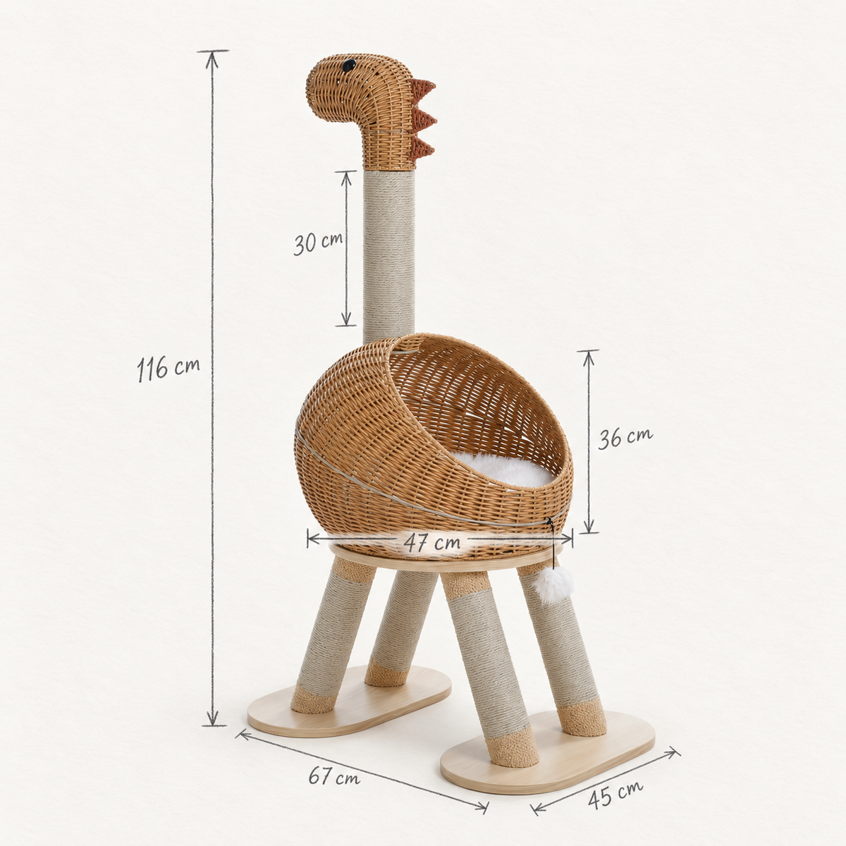 Schéma coté de l'arbre à Chat Dinosaure avec toutes les dimensions