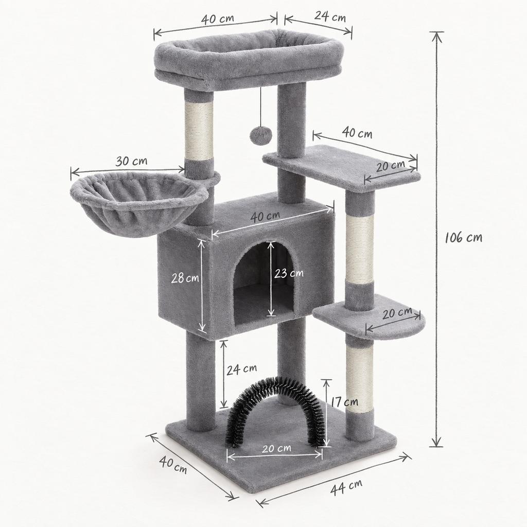 Schéma coté de l'arbre à Chat Confortable avec toutes les dimensions
