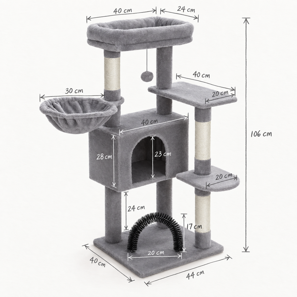 Schéma coté de l'arbre à Chat Confortable avec toutes les dimensions