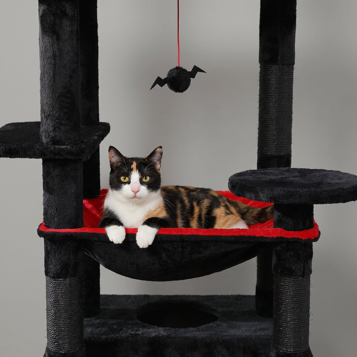 Chat couché dans le hamac du grand arbre à chat halloween