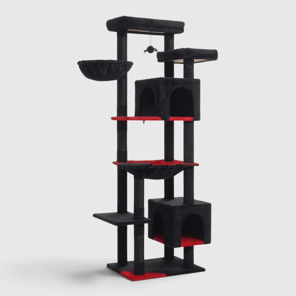Grand Arbre à Chat Halloween de 175 cm noir et rouge avec araignée suspendue