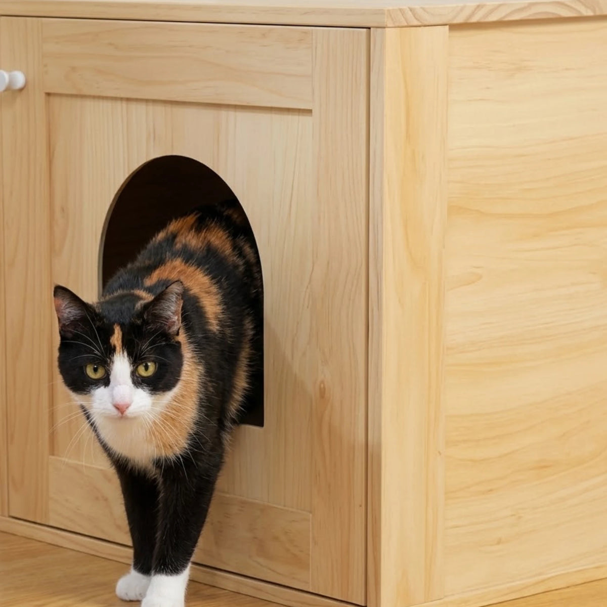 Chat sortant du meuble litière de l'l'arbre à Chat avec Litière