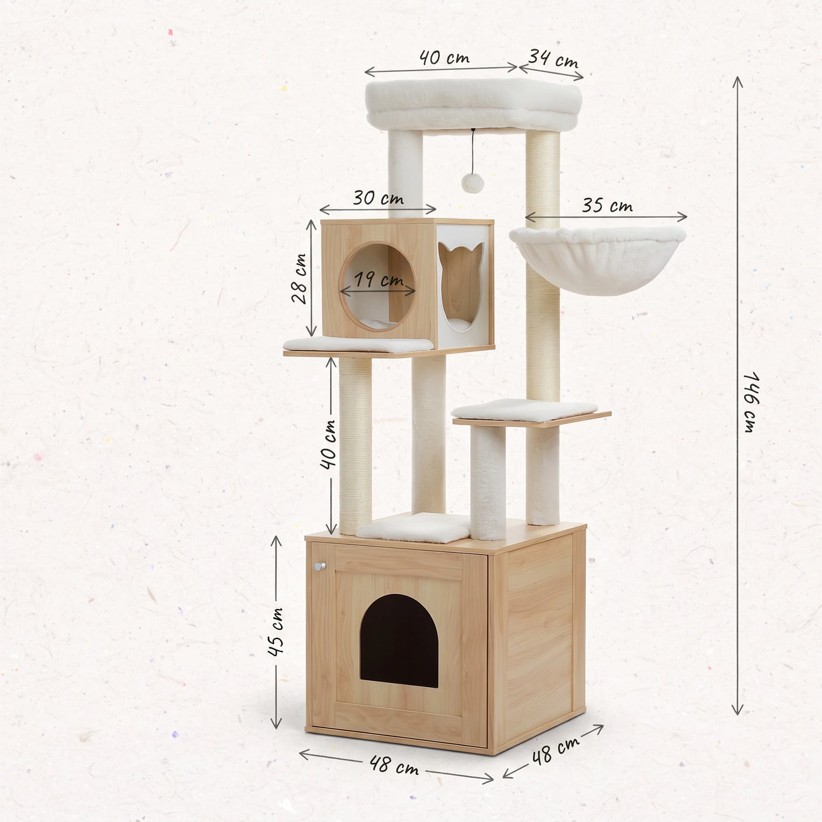 Schéma coté de l'arbre à chat avec litière avec toutes les dimensions