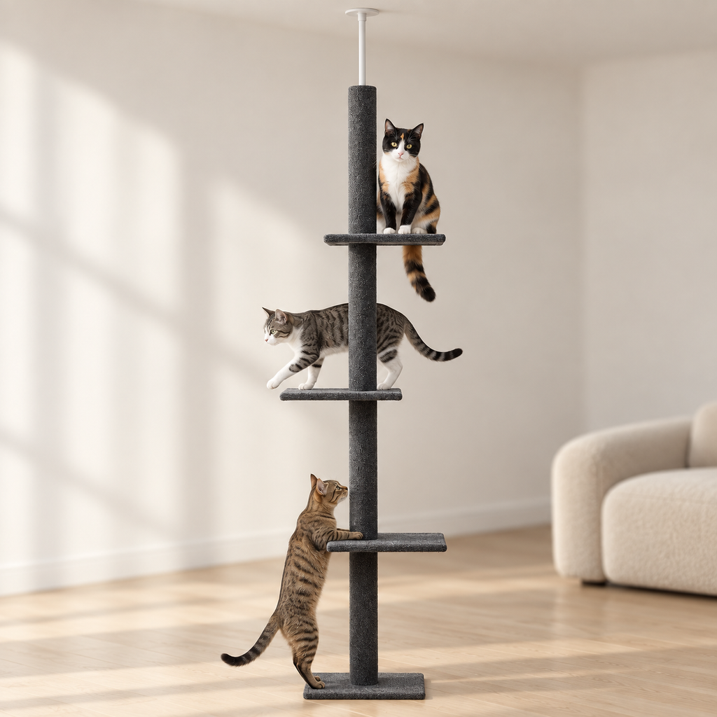 Arbre à Chat Télescopique installé dans un salon lumineux