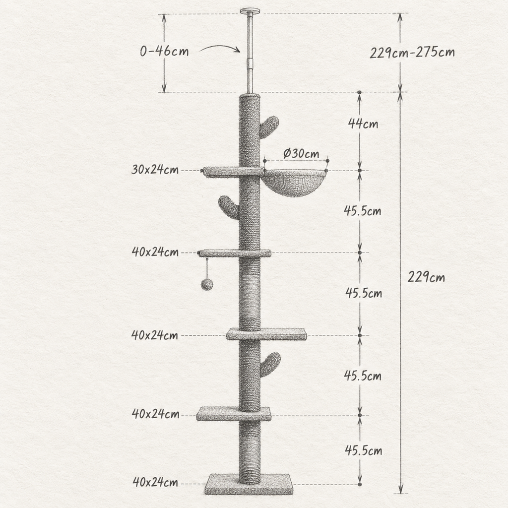Schéma coté de l'arbre à Chat Cactus XXL avec toutes les dimensions
