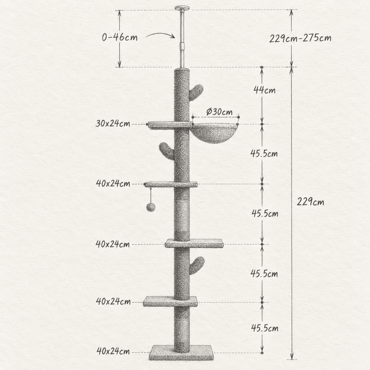 Schéma coté de l'arbre à Chat Cactus XXL avec toutes les dimensions