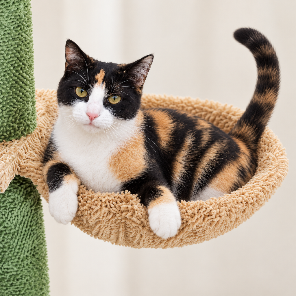 Chat installé dans le panier de l'arbre à Chat Cactus XXL