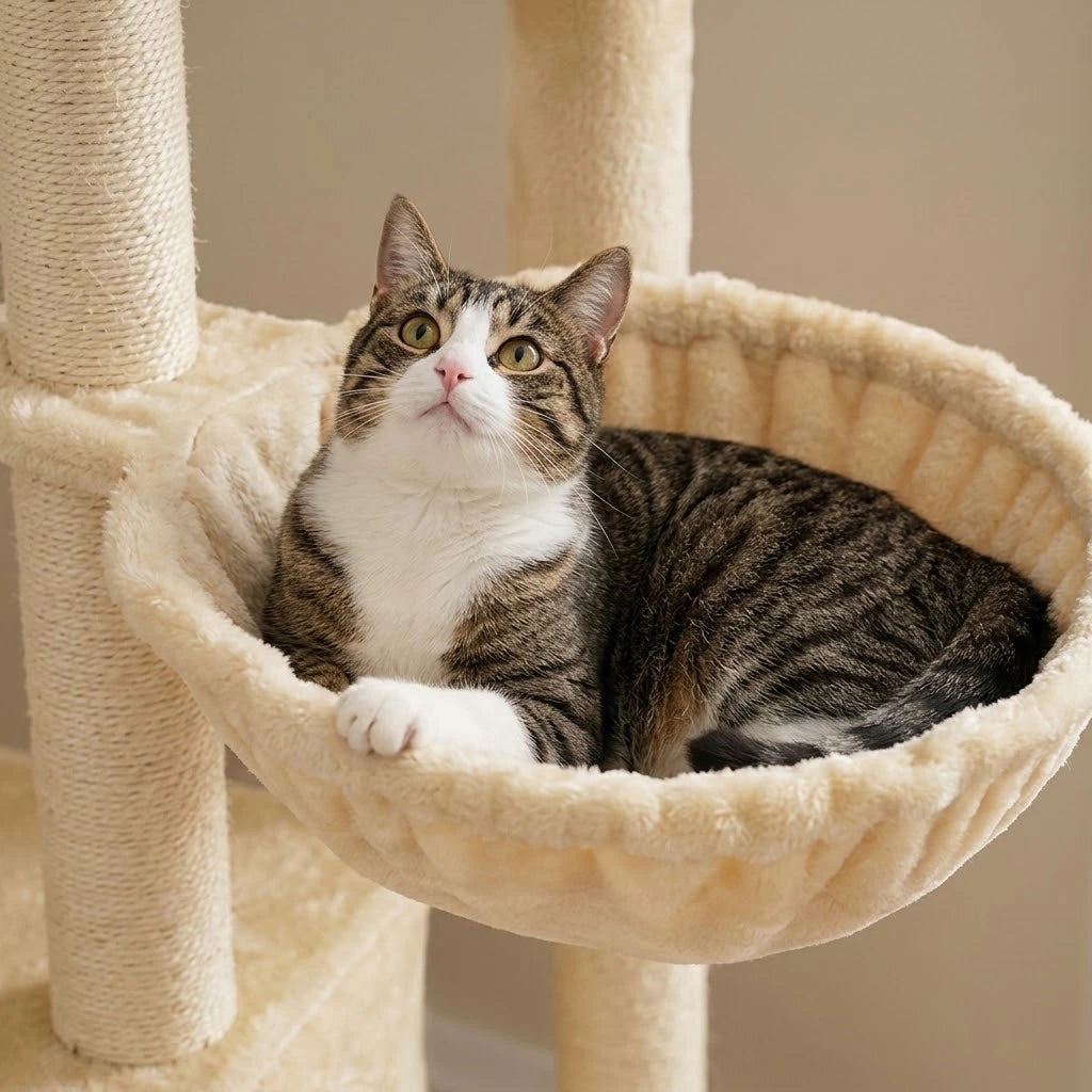 Chat installé dans le panier de l'arbre à Chat 250 cm
