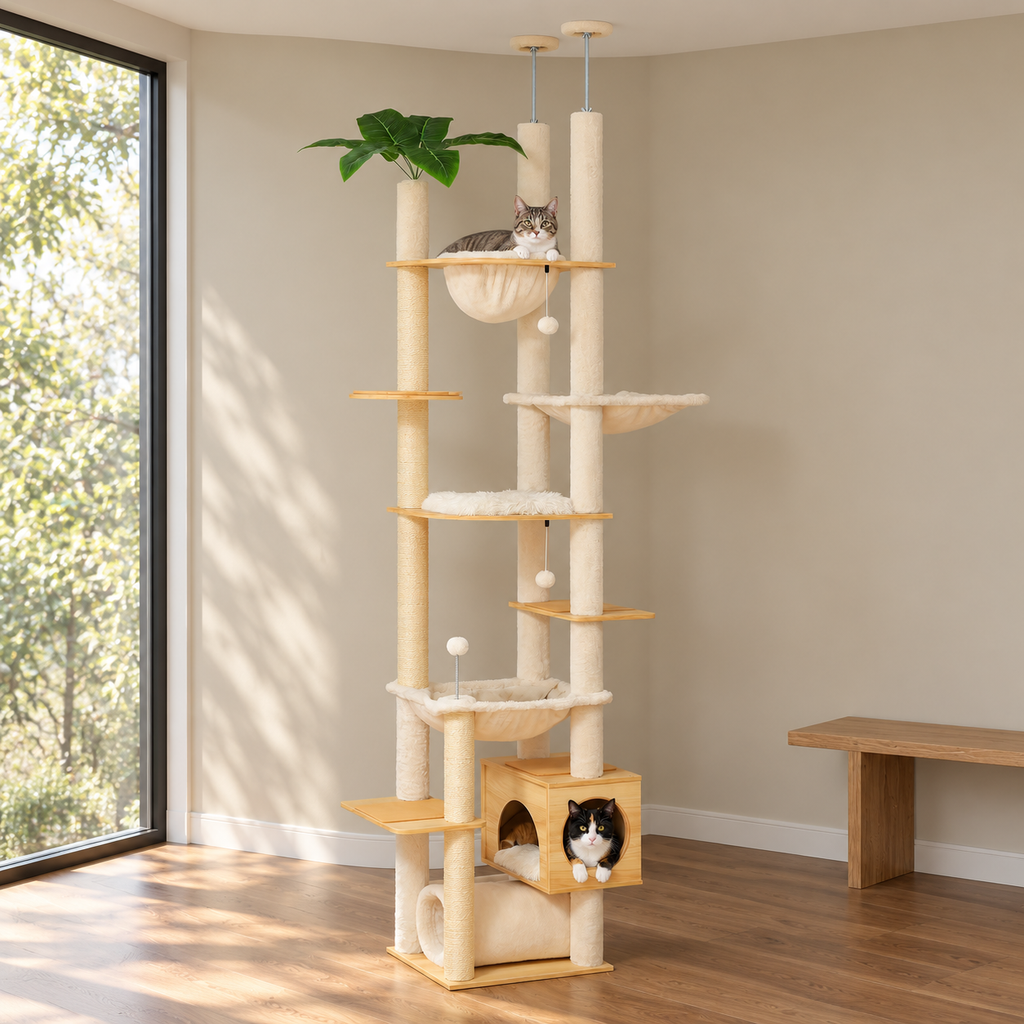 Arbre à Chat Géant Ajustable installé dans un salon lumineux