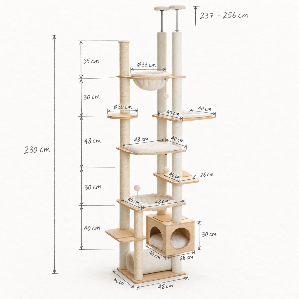 Schéma coté de l'arbre à Chat Géant Ajustable avec toutes les dimensions