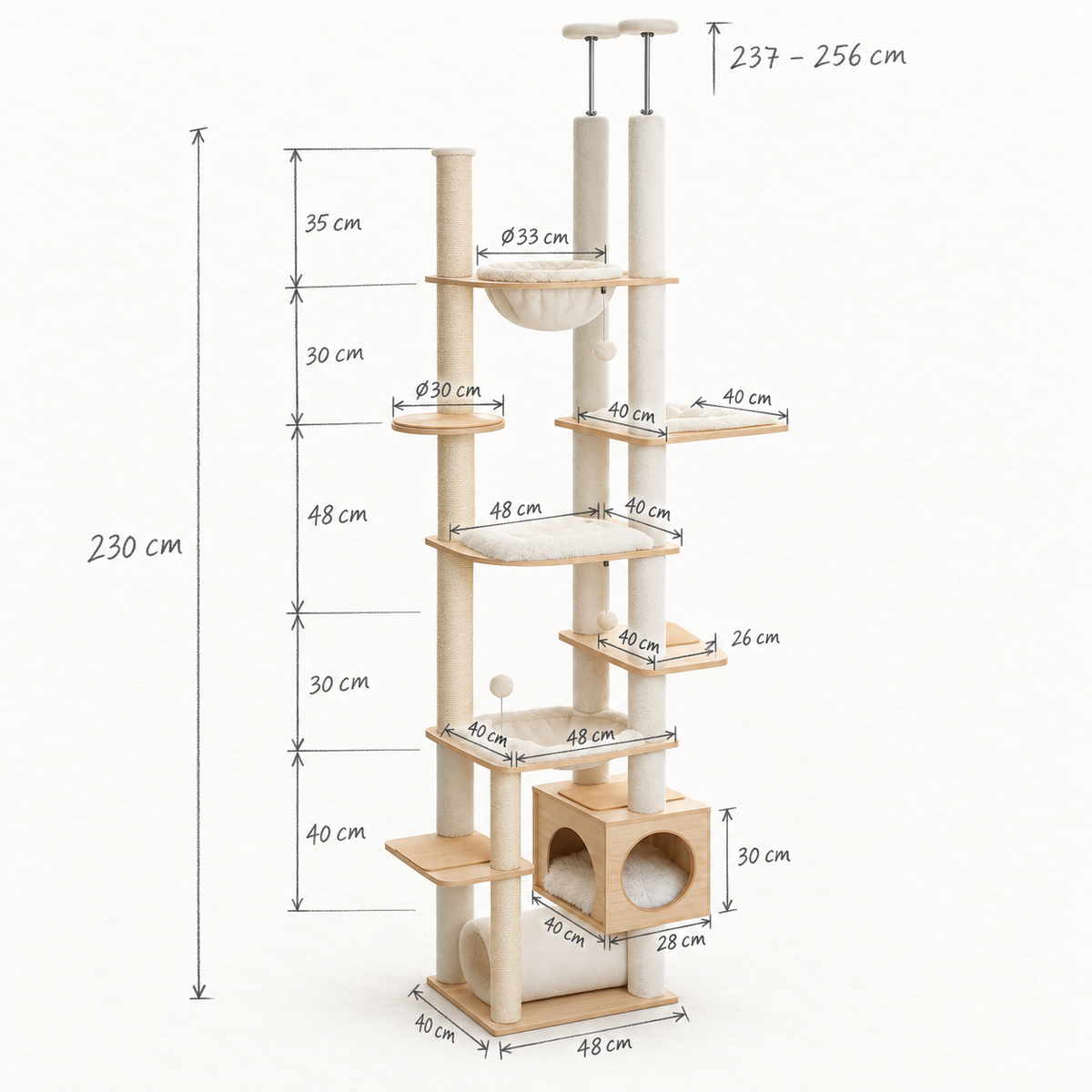 Schéma coté de l'arbre à Chat Géant Ajustable avec toutes les dimensions